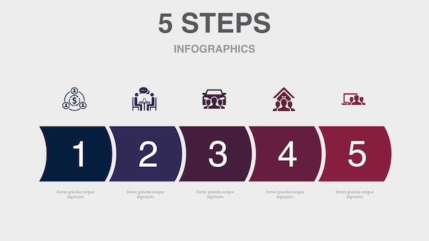 Vector delen economie coworking auto delen eigendom delen apparaat delen pictogrammen infographic ontwerpsjabloon creatief concept met 5 stappen