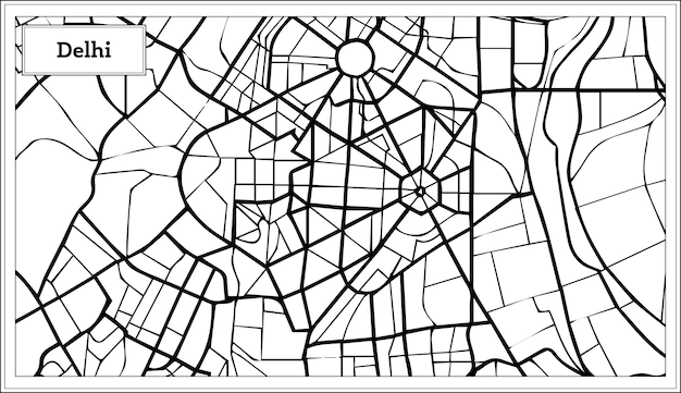 黒と白の色でデリーインドの都市地図。ベクトルイラスト。白地図。