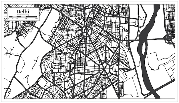 黒と白の色のレトロなスタイルのデリーインドの都市地図。白地図。ベクトルイラスト。