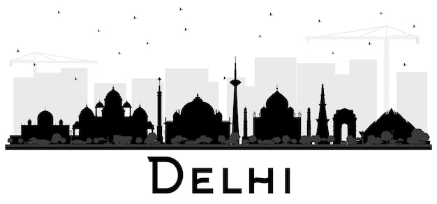 Siluetta in bianco e nero dell'orizzonte della città di delhi india. illustrazione di vettore. semplice concetto piatto per presentazione turistica, cartellone. concetto di viaggio d'affari. paesaggio urbano di delhi con punti di riferimento.