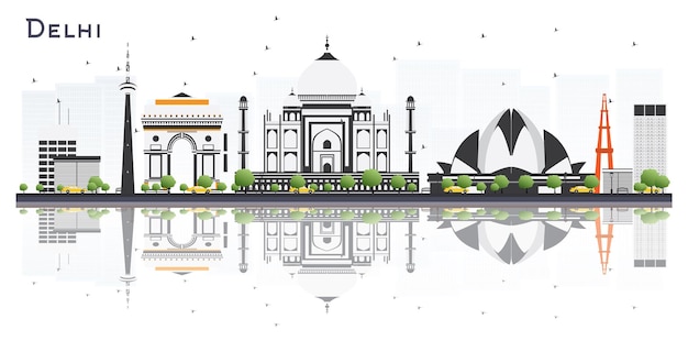 Delhi india city skyline met kleur gebouwen en reflecties geïsoleerd op een witte achtergrond vector