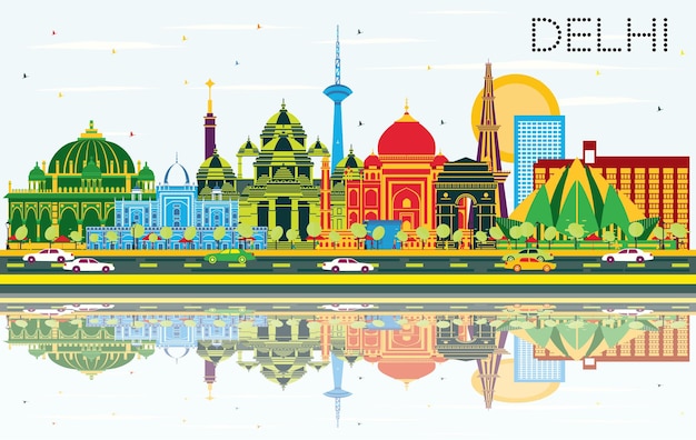 Delhi India City Skyline with Color Buildings, Blue Sky and Reflections. Vector Illustration. Business Travel and Tourism Concept with Historic Architecture. Delhi Cityscape with Landmarks.