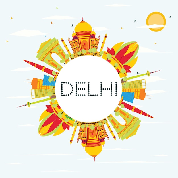 Delhi skyline with color buildings, blue sky and copy space. vector illustration. business travel and tourism concept with historic architecture. image for presentation, banner, placard.