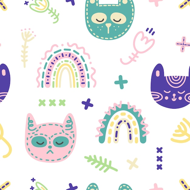 Delicaat scandinavisch vectorpatroon voor baby's Slapende kawaii-katten voor prints, kaarten, kinderkamerinrichting