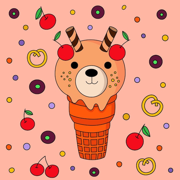 Delicacy panda ice cream with chocolate and cherry fruit decorated background vector artwork