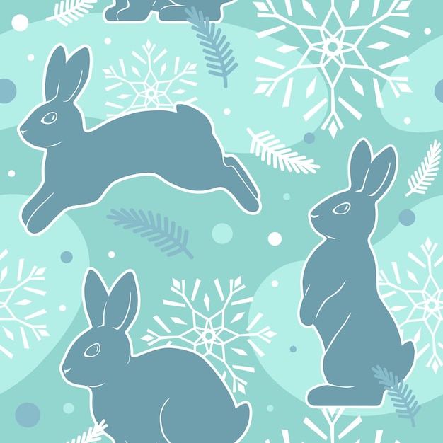 Vector delicate blue seamless pattern of rabbits snowflakes and fir branches