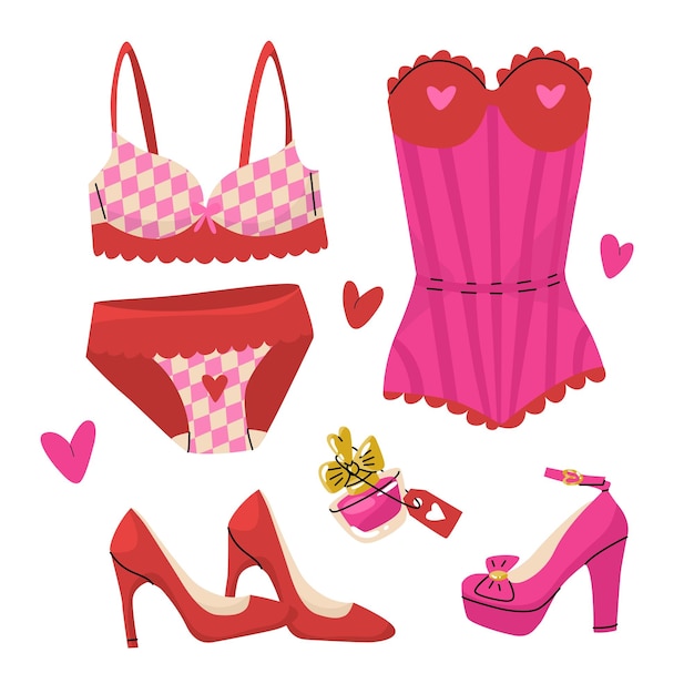 Intimo e scarpe delicati e luminosi in colori rosa alla moda accessori di una ragazza alla moda set di adesivi barbie core illustrazione vettoriale isolata su sfondo bianco