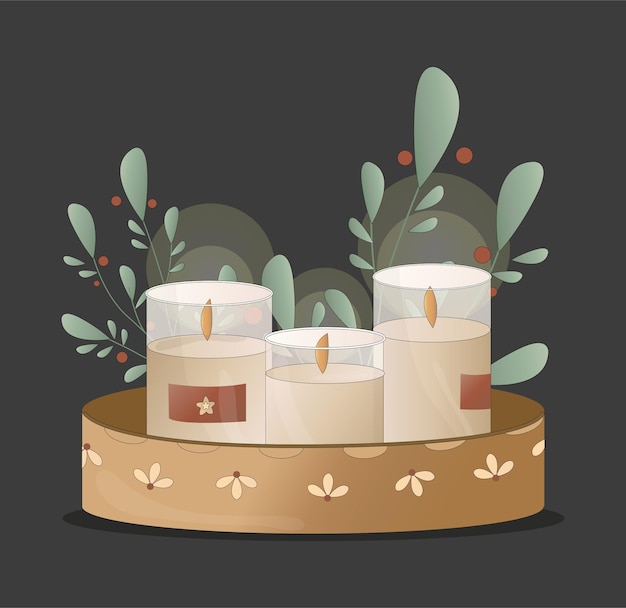 Vector delicate and cozy christmas candles decorated with mistletoe sprigs