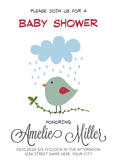 delicate customizable baby shower card template with bird