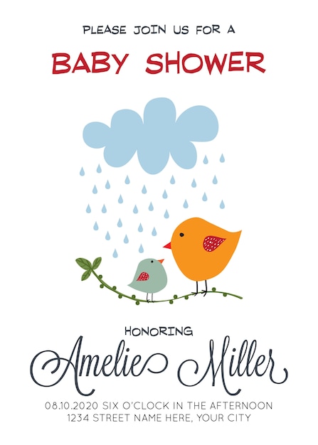 delicate customizable baby shower card template with birds