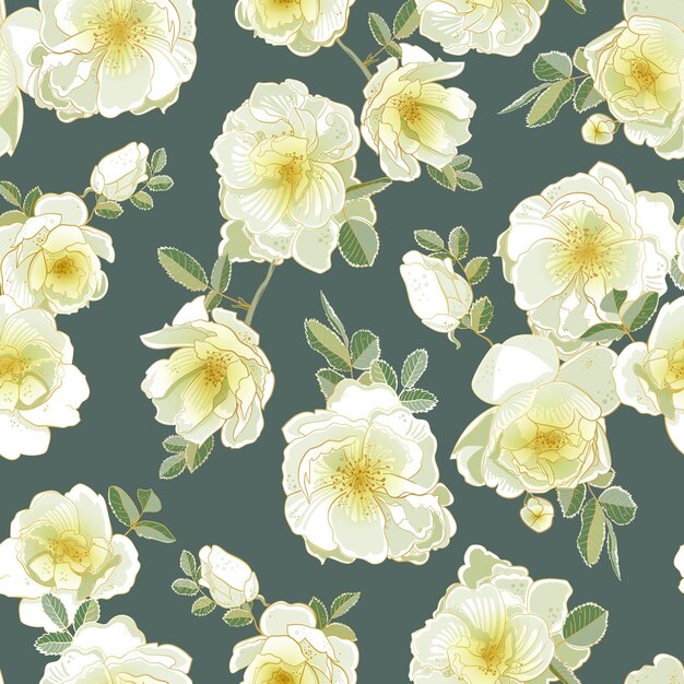 Delicate floral print with large white rosehip flowers buds and green leaves Seamless vector pattern