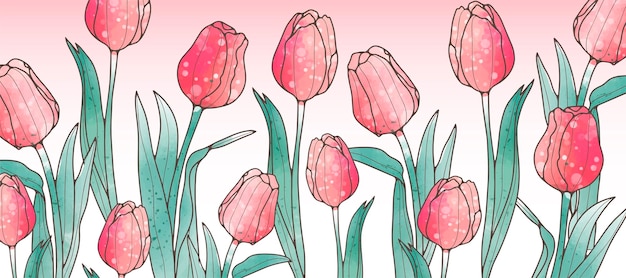 Delicate florale achtergrond voor tekst en foto met handgetekende roze tulpen Achtergrond voor ansichtkaarten uitnodigingen diploma's visitekaartjes posters