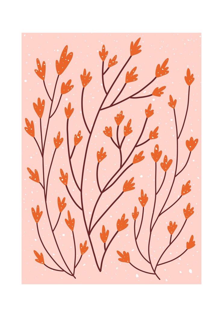 Delicate hand drawn branches with orange buds on a soft pink background Great for prints cards