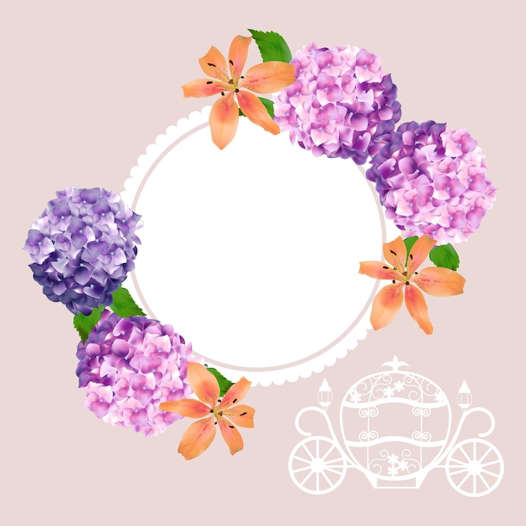 Vector 繊細なアジサイのユリとシンデレラの馬車、フレームとベージュの背景にテキスト用の場所結婚式招待状グリーティング カード周年チラシ