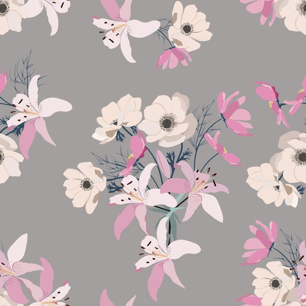 Delicate lilies and anemone on a gray background Vector illustration seamless For fabric decoration packaging wallpaper