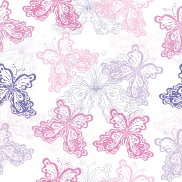 Delicate multicolored butterflies on a white background, seamless pattern.
