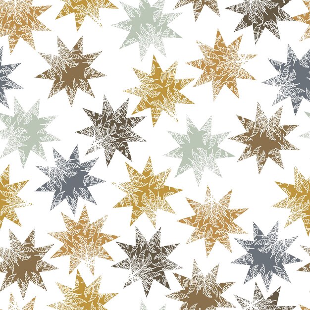 Delicate openwork stars with carved botanical motifs vector seamless pattern
