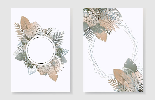 Vector delicate orange and gray frames of tropical leaves