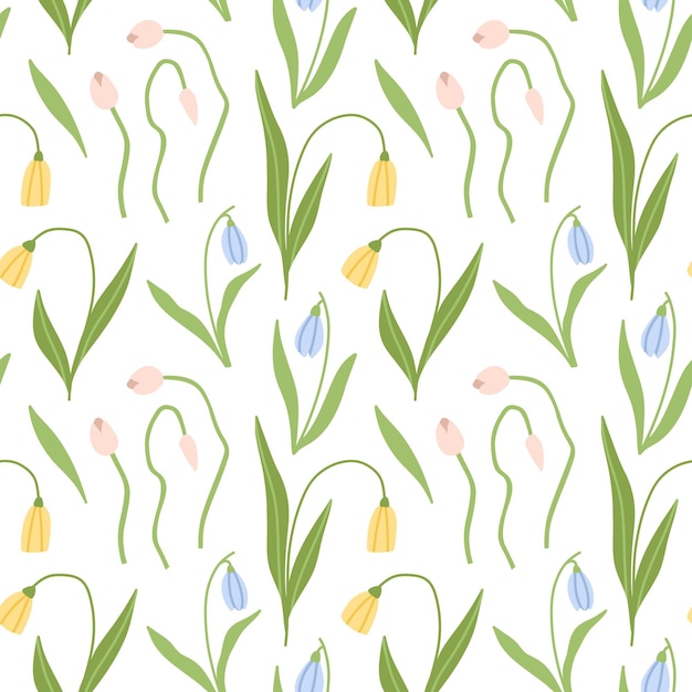 Modello delicato con tulipani e mughetti, fiori gialli, rosa e blu su bianco