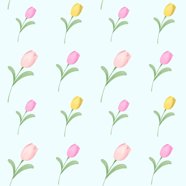 Delicate pattern with tulips Yellow and pink flowers on blue background