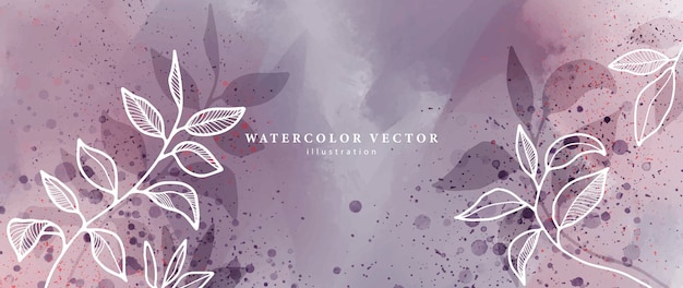 Delicate and stylish abstract vector illustration with white branches and leaves on a purple watercolor background for cards wedding invitations backgrounds wallpapers