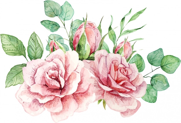 Delicate watercolor composition with roses and leaves.