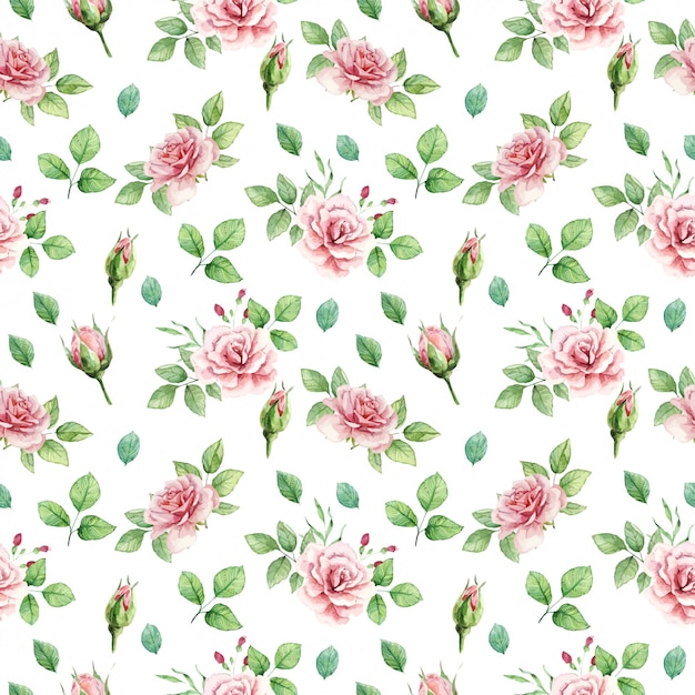 delicate watercolor seamless pattern with roses and leaves.
