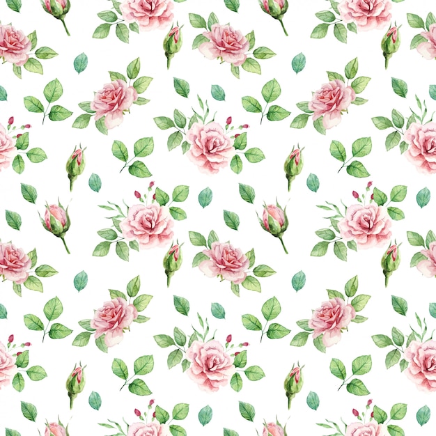 Delicate watercolor seamless pattern with roses and leaves.