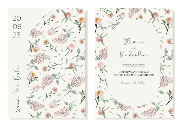 delicate wedding invitation in a summer spring mood with watercolor flowers vector template