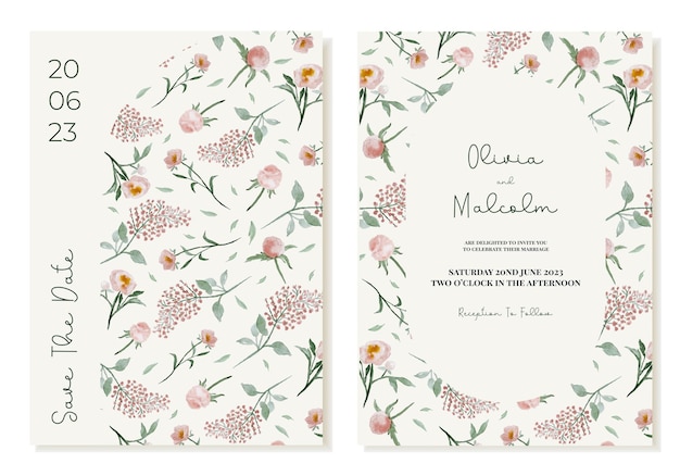 Delicate wedding invitation in a summer spring mood with watercolor flowers Vector Template