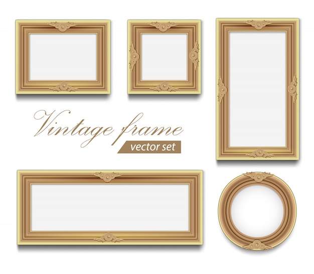 Delicate wood pale gold round square and rectangular photo frame. set of vintage frame