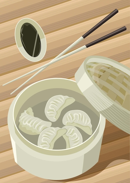 Vector delicious asian dish with soy sauce, on a wooden background