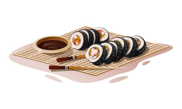 Vector delicious asian sushi rolls with soy sauce