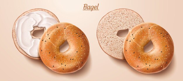 Vector delicious bagel with cream and sesame