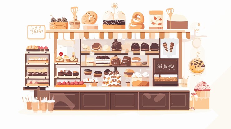 Vector delicious bakery food concept with wide angle centered composition