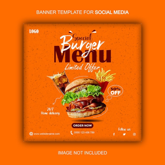 Вкусный шаблон баннера для гамбургера меню еды в социальных сетях