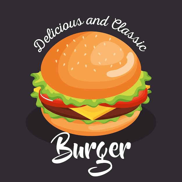 Delicious big burger fast food vector illustration design