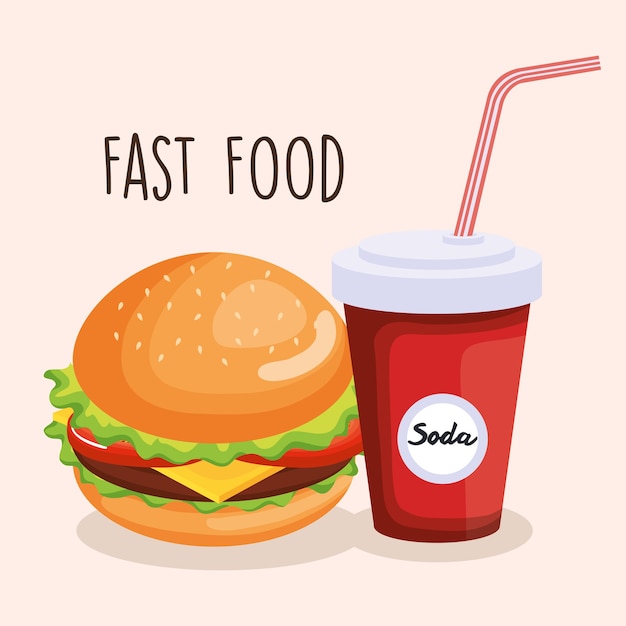 delicious big burger and soda vector illustration design