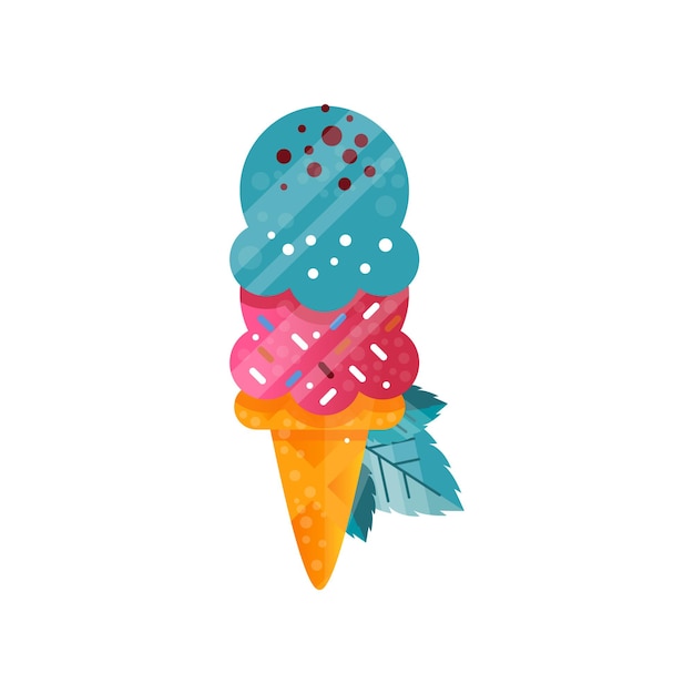 Delicious bright ice cream in waffle cone vector Illustration isolated on a white background