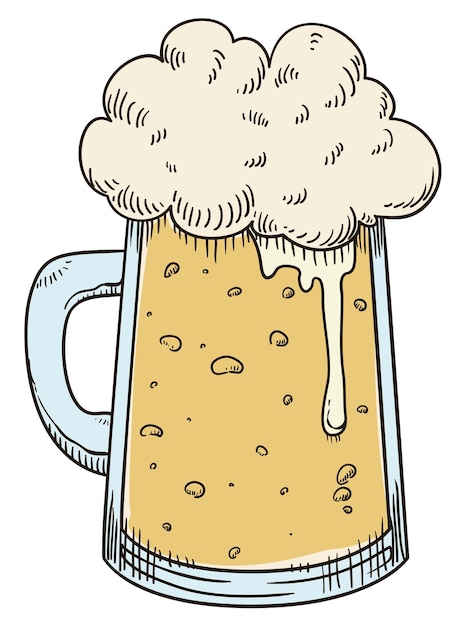 Delicious bubbly and frothy beer served in a glass tankard in hand drawn and watercolor style