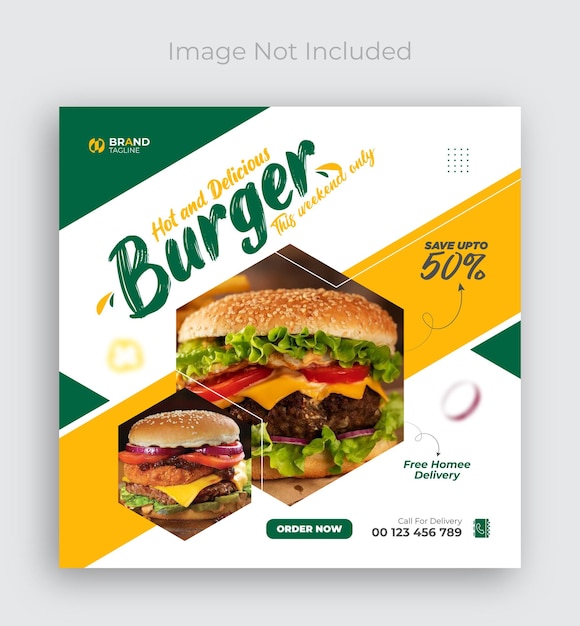 맛있는 햄버거와 음식 메뉴 홍보 소셜 미디어 배너 템플릿