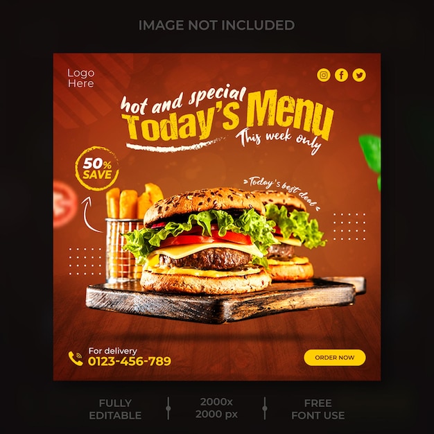 おいしいハンバーガーとフードメニューのソーシャルメディアバナーテンプレート