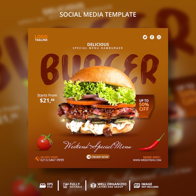 맛있는 버거 배너 소셜 미디어 게시물 템플릿
