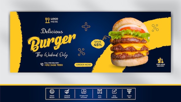 Vector delicious burger facebook cover template design