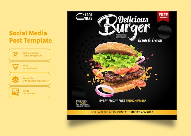 Delicious burger fastfood flyer en postontwerp voor social media postsjabloon premium vector