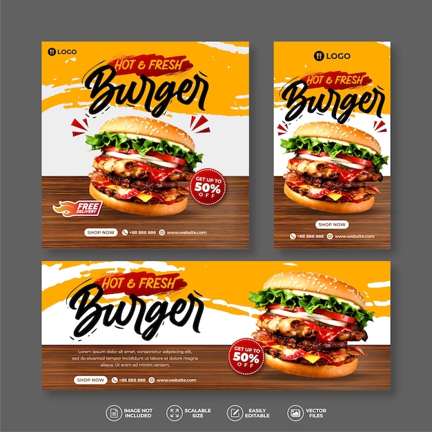 DELICIOUS BURGER FOOD MENU BEST RESTAURANT BANNER BUNDLE SET FOR SOCIAL MEDIA POST AND STORY TEMPLATE VECTOR TEMPLATE