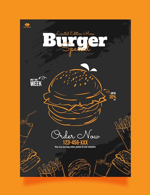 Vector delicious burger and food menu flyer template with hand drawing