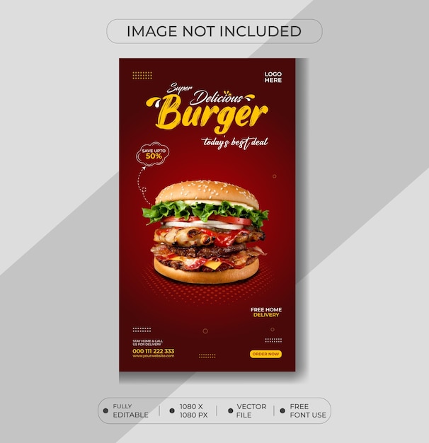 맛있는 햄버거 및 음식 메뉴 인스타그램 및 페이스북 스토리 템플릿