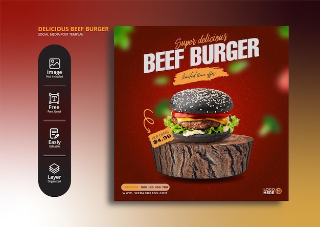 Vector delicious burger and food menu social media banner or instagram post template design