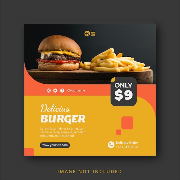 Delizioso modello di banner per social media con menu di hamburger e cibo